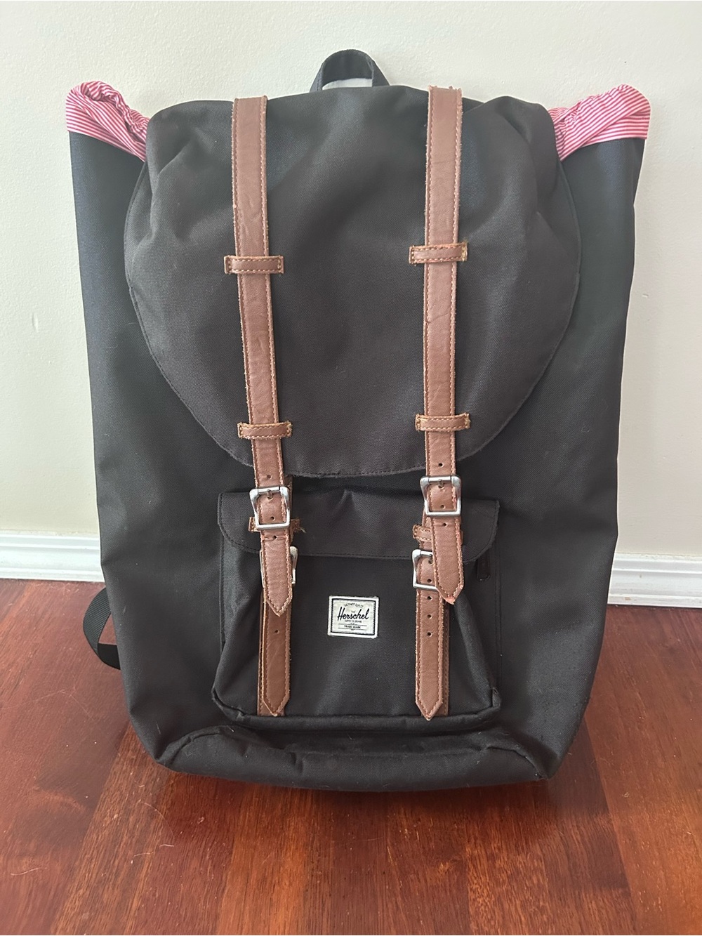 Herschel Supply Company Black Backpack with Brown Straps and Pink Lining